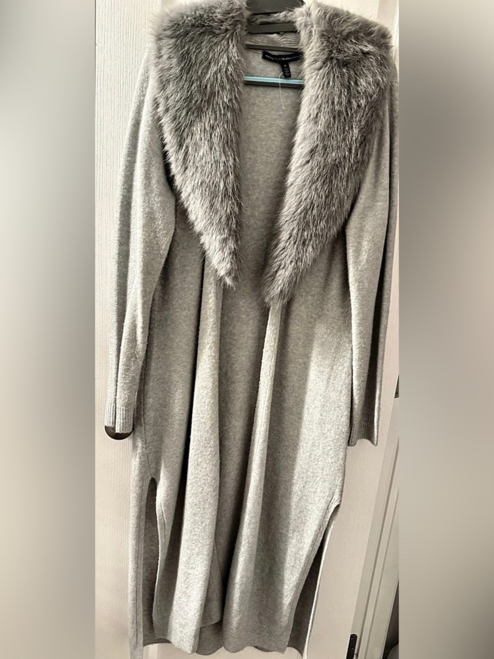White House Black Market Faux Fur Collar Long Cardigan Gray